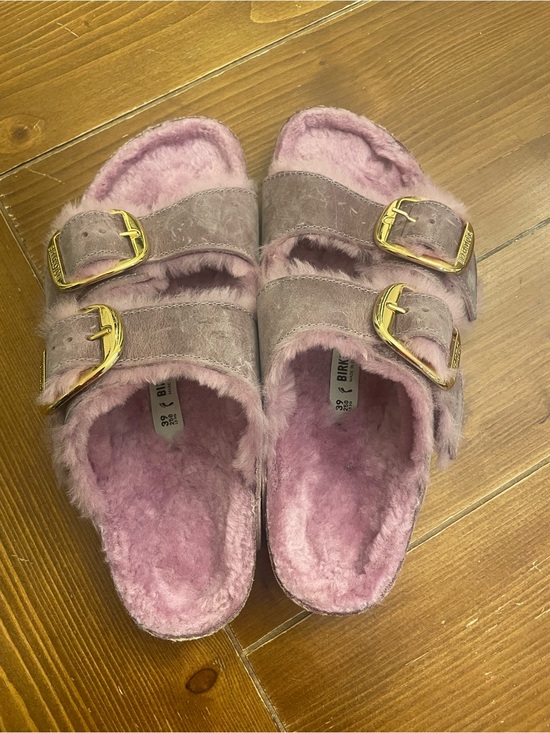 Birkenstock Shoes - Birkenstock Fuzzy Double-Buckle Slides in Mauve Pink